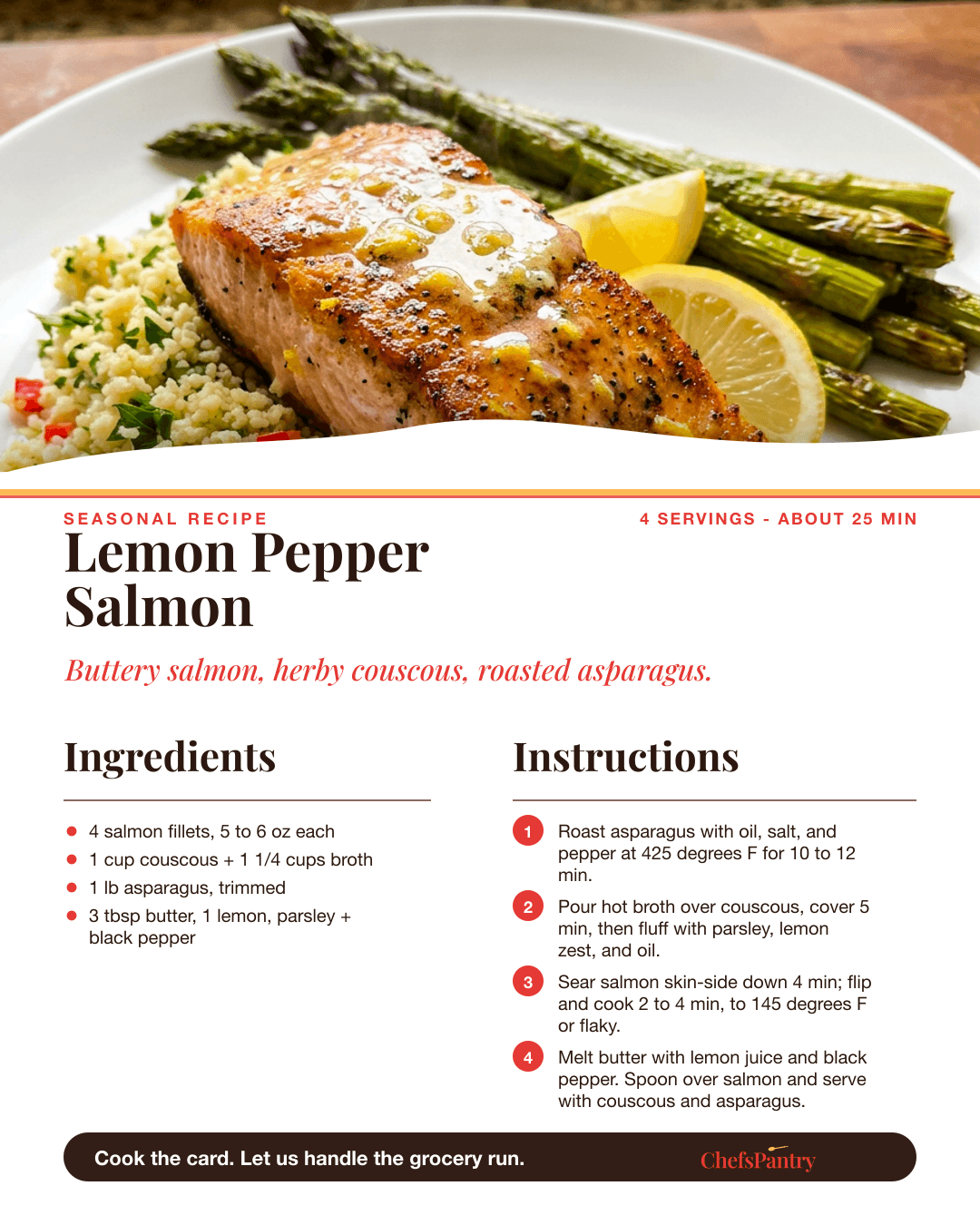ChefsPantry recipe card for Lemon Pepper Salmon with couscous and asparagus.