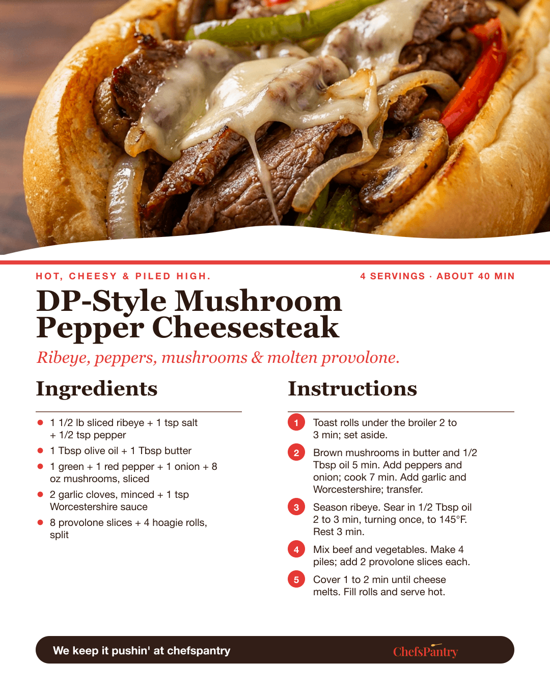 ChefsPantry recipe card for a DP-style mushroom pepper cheesesteak.