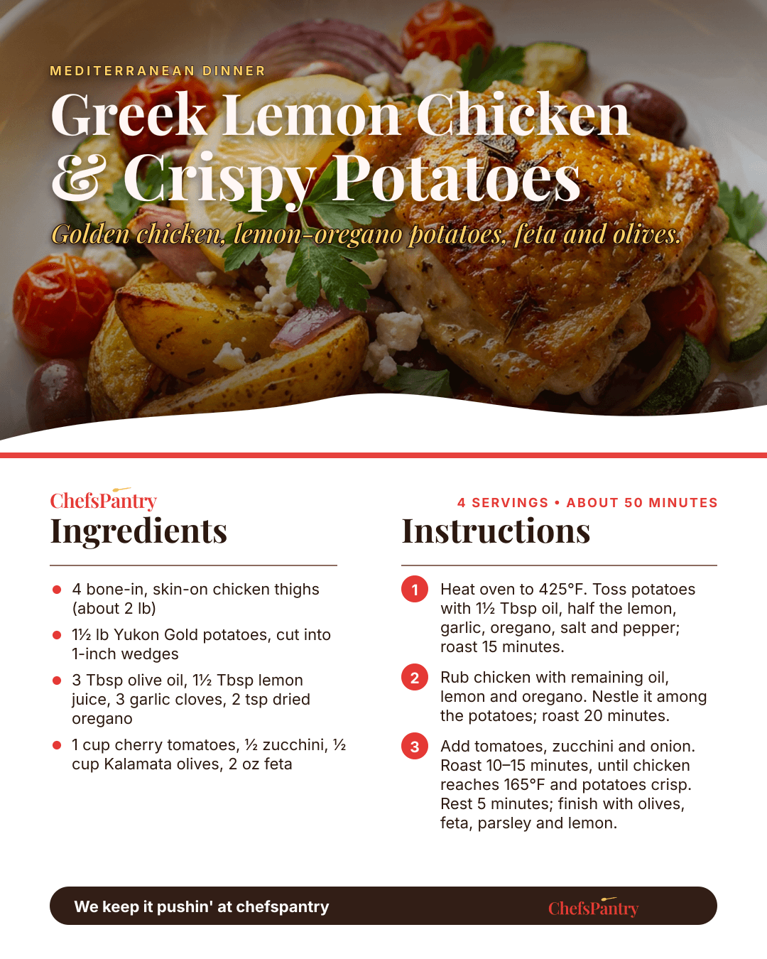 ChefsPantry recipe card for Greek lemon chicken with crispy potatoes, feta, and olives.