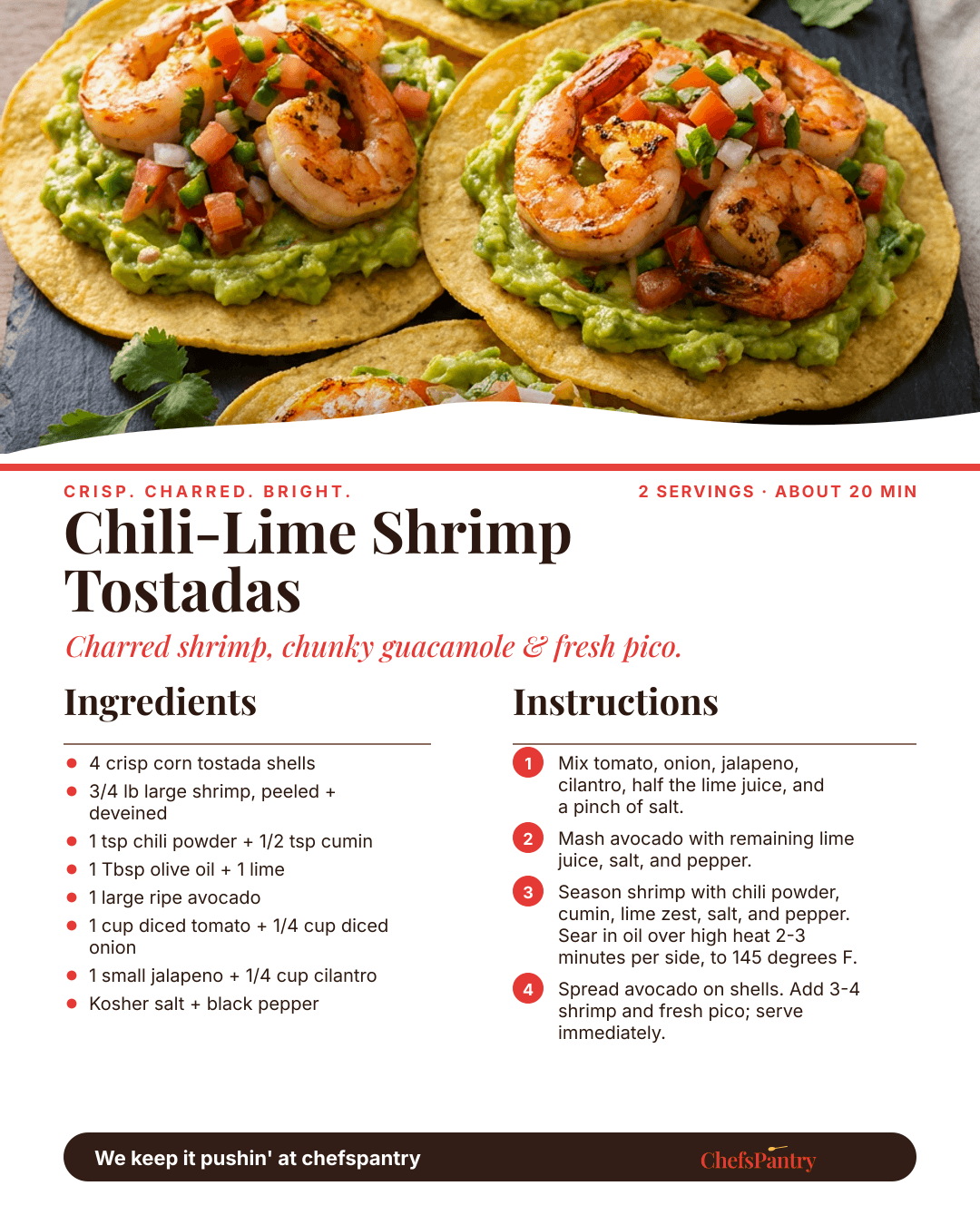 ChefsPantry recipe card for chili-lime shrimp tostadas with guacamole and pico de gallo.