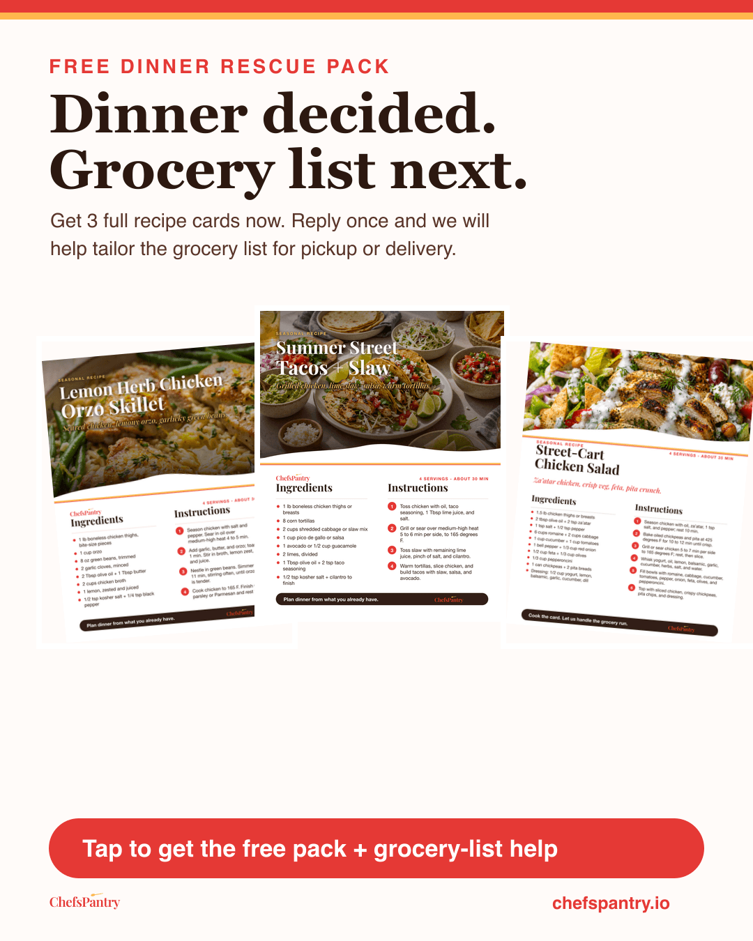Preview of the three ChefsPantry Dinner Rescue Pack recipe cards.