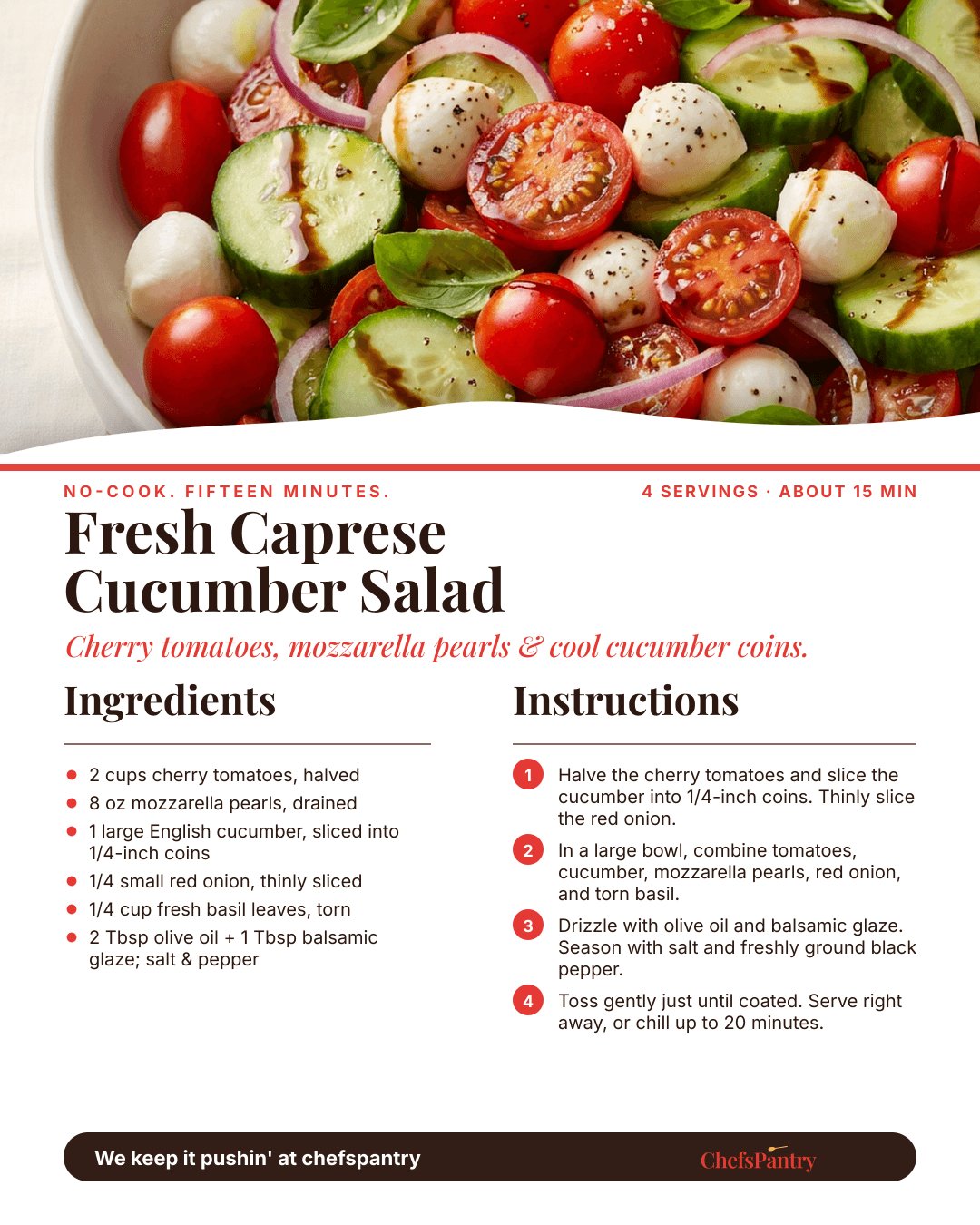 ChefsPantry recipe card for Fresh Caprese Cucumber Salad.