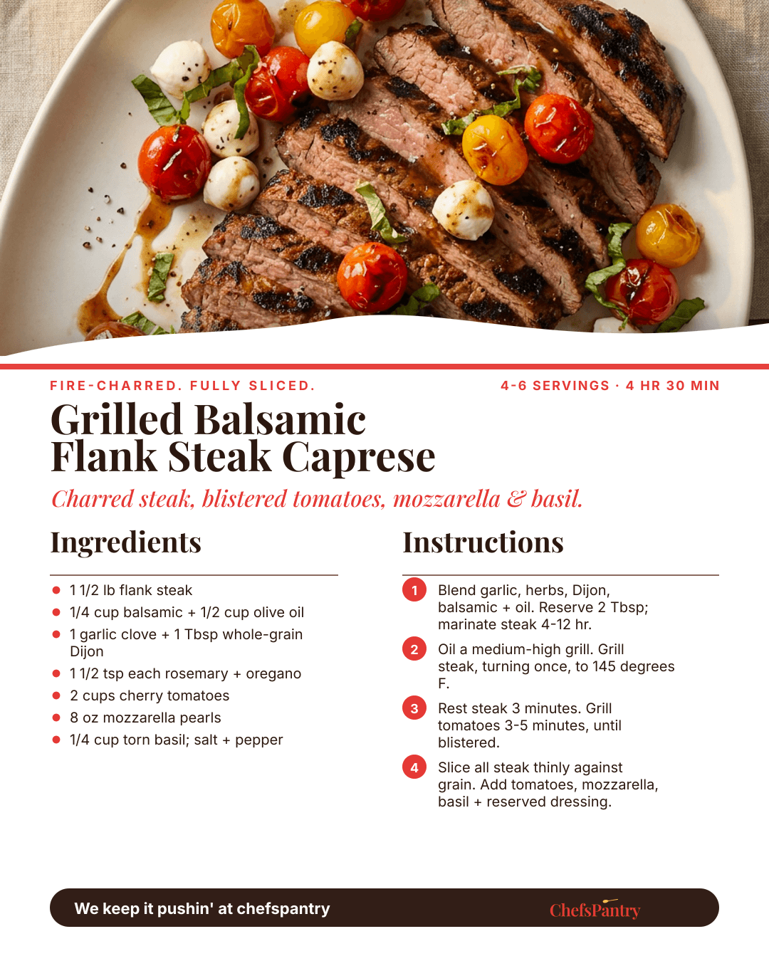 ChefsPantry recipe card for fully sliced grilled balsamic flank steak Caprese.