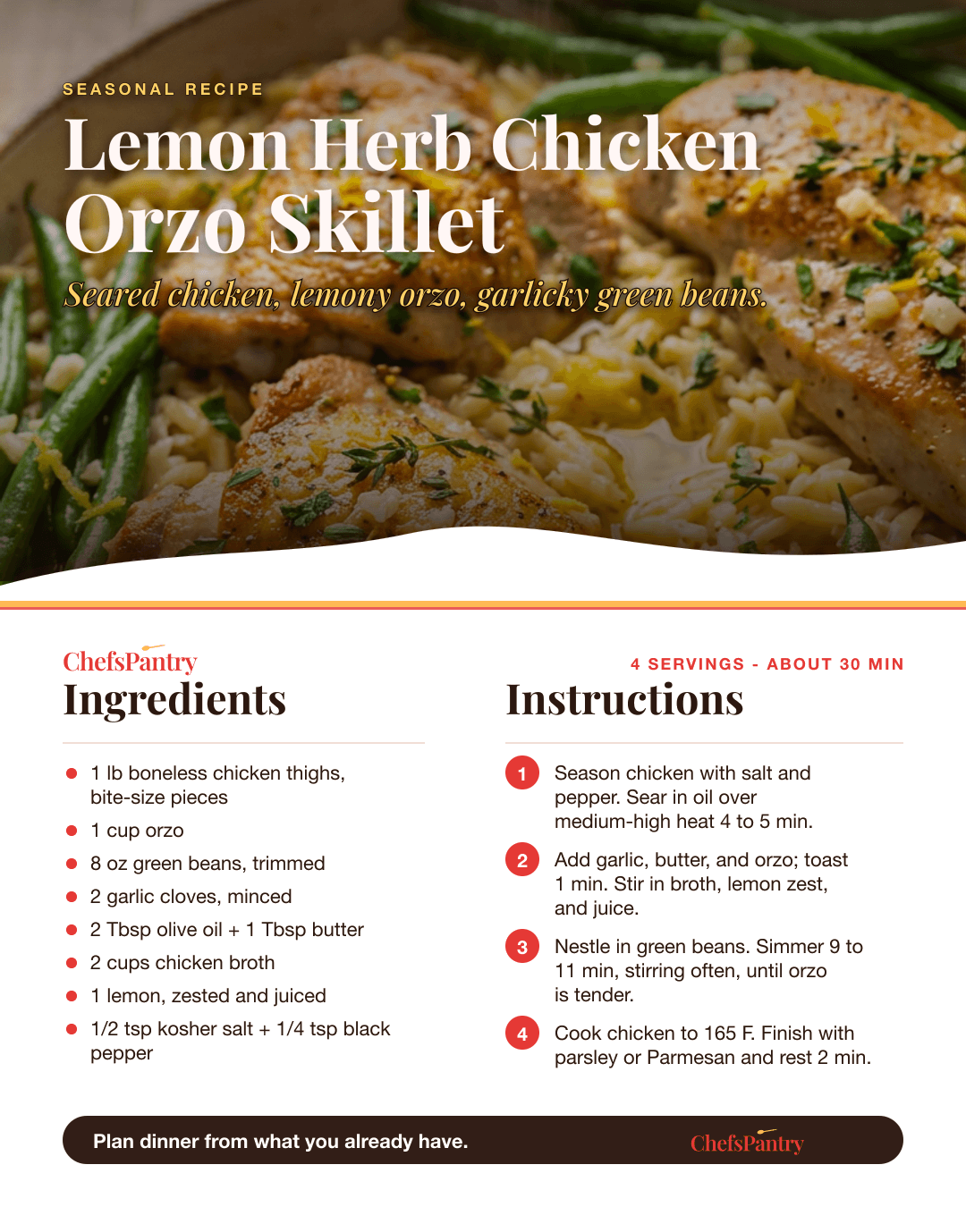 ChefsPantry recipe card for lemon herb chicken with orzo and green beans.