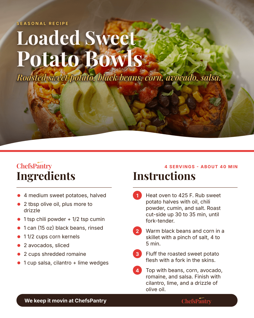 ChefsPantry recipe card for loaded sweet potato bowls with black beans, corn, avocado, and salsa.